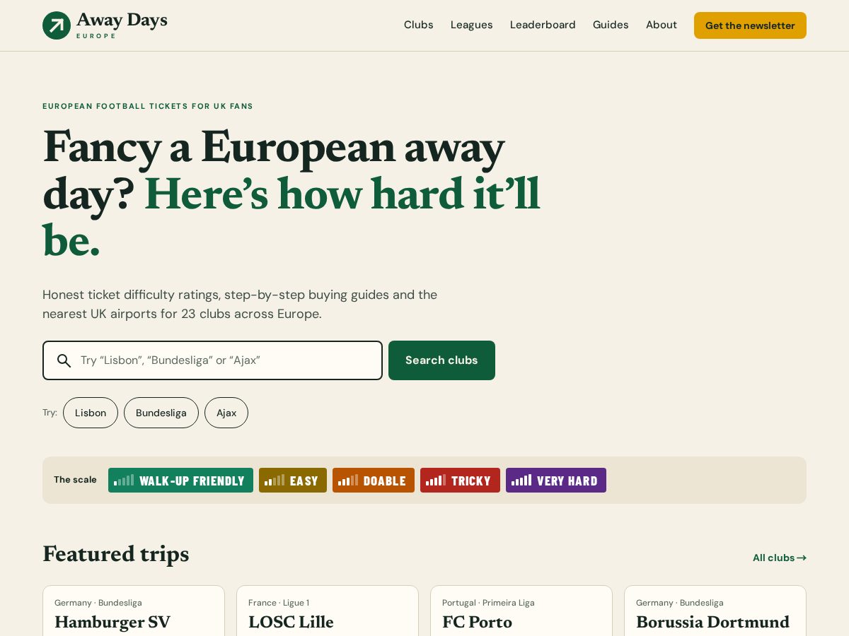 Landing-page snapshot of awaydayseurope.com