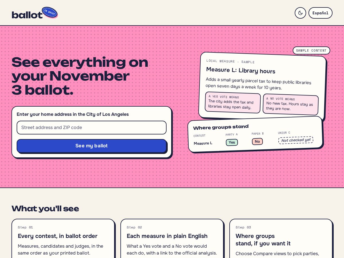 Landing-page snapshot of ballotinbrief.org