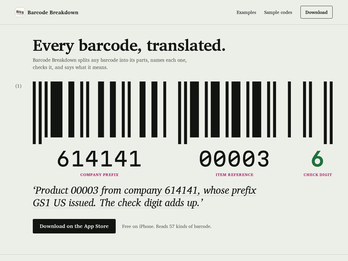 Landing-page snapshot of barcodebreakdown.com