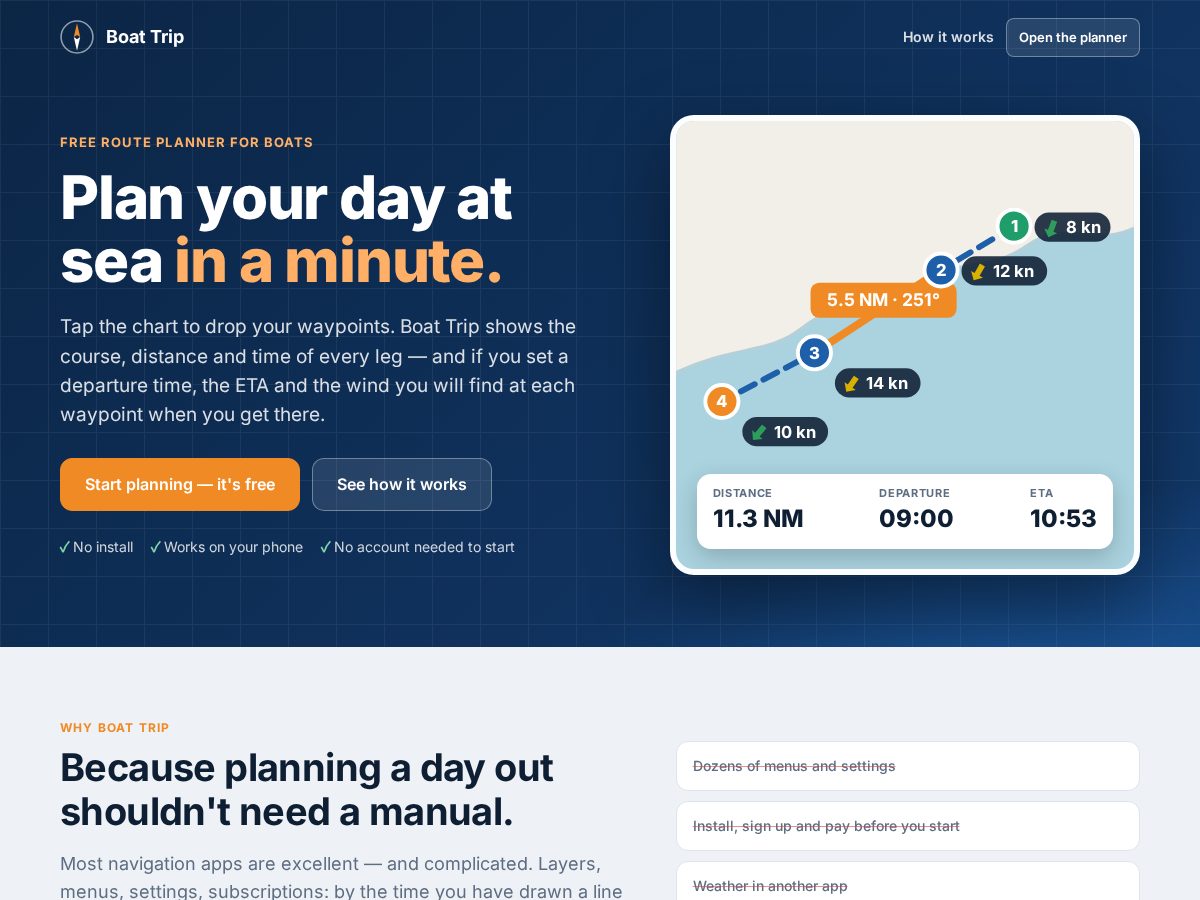Landing-page snapshot of boattripplanner.com