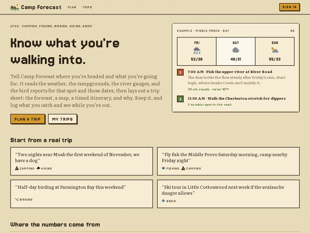 Landing-page snapshot of campforecast.com
