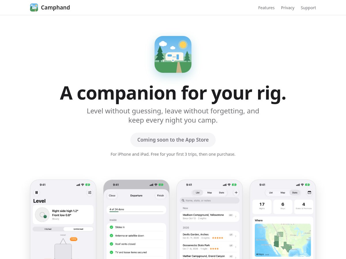 Landing-page snapshot of camphand.app