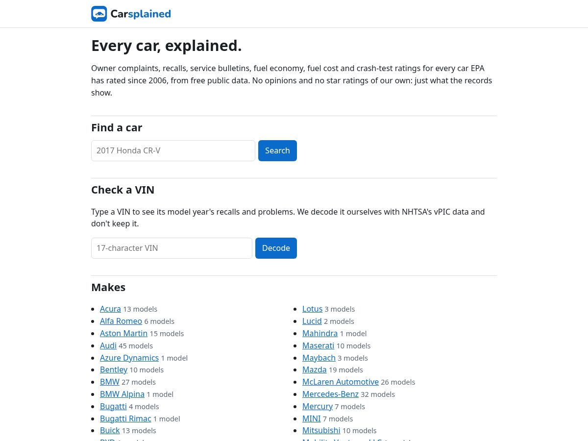 Landing-page snapshot of carsplained.com