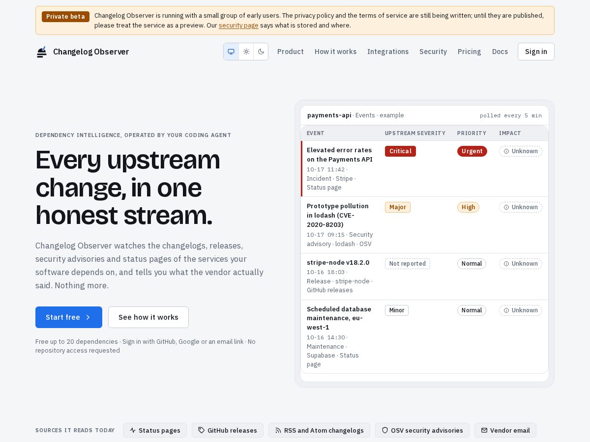Landing-page snapshot of changelog.observer
