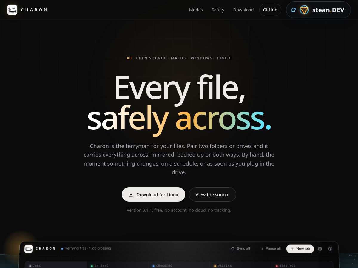 Landing-page snapshot of charonsync.app