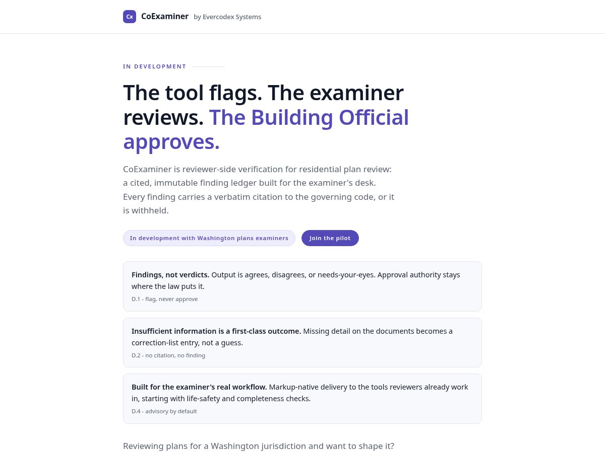 Landing-page snapshot of coexaminer.tech