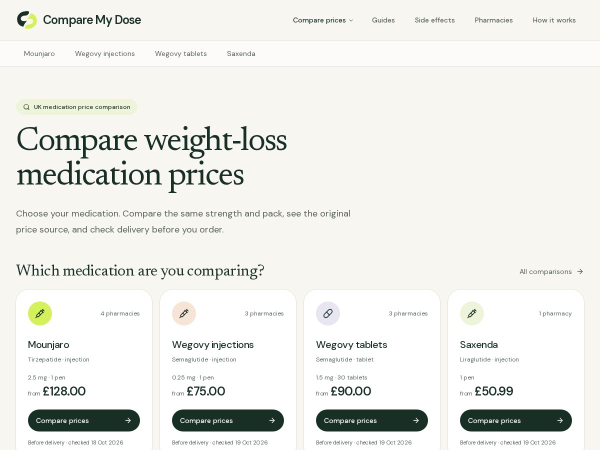 Landing-page snapshot of comparemydose.com