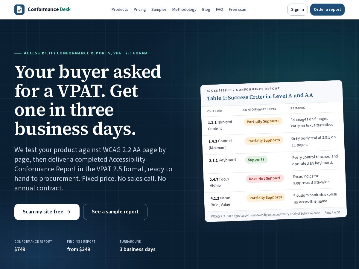 Landing-page snapshot of conformancedesk.com