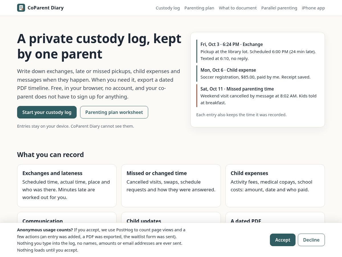 Landing-page snapshot of coparentdiary.com