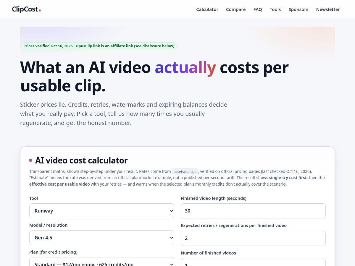 Landing-page snapshot of costperclip.com