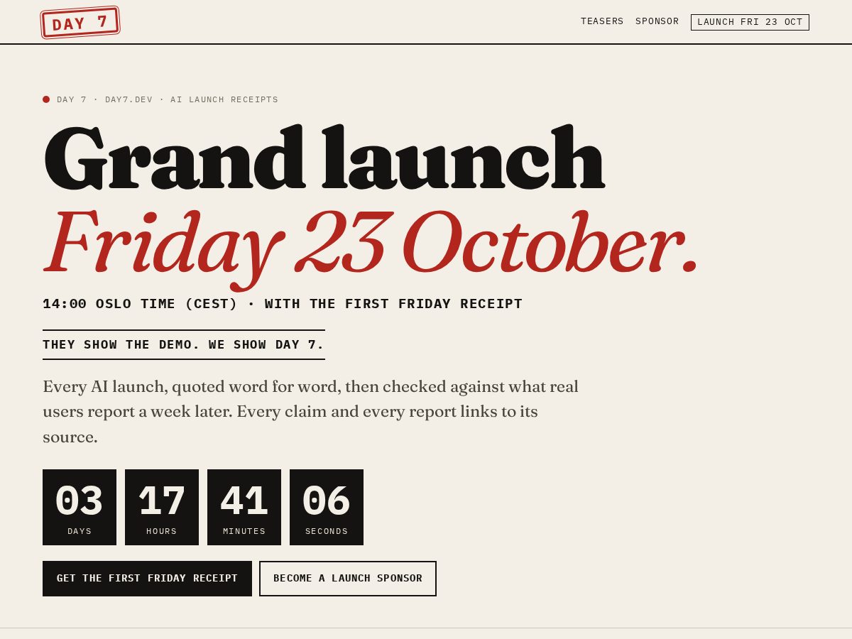 Landing-page snapshot of day7.dev