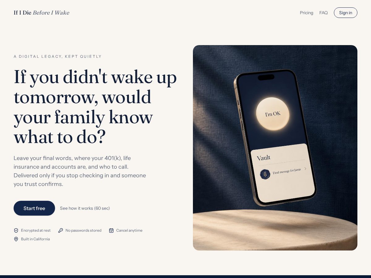 Landing-page snapshot of diebeforeiwake.com