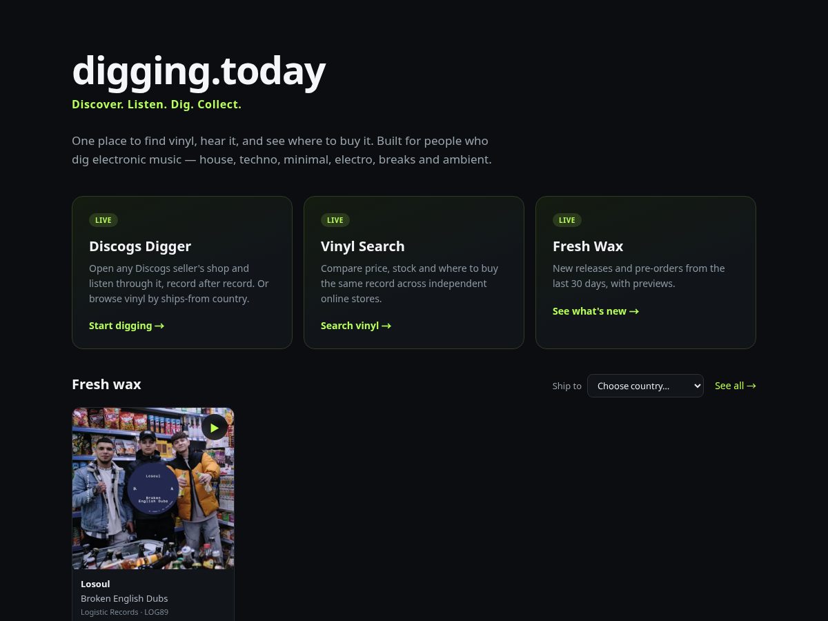 Landing-page snapshot of digging.today