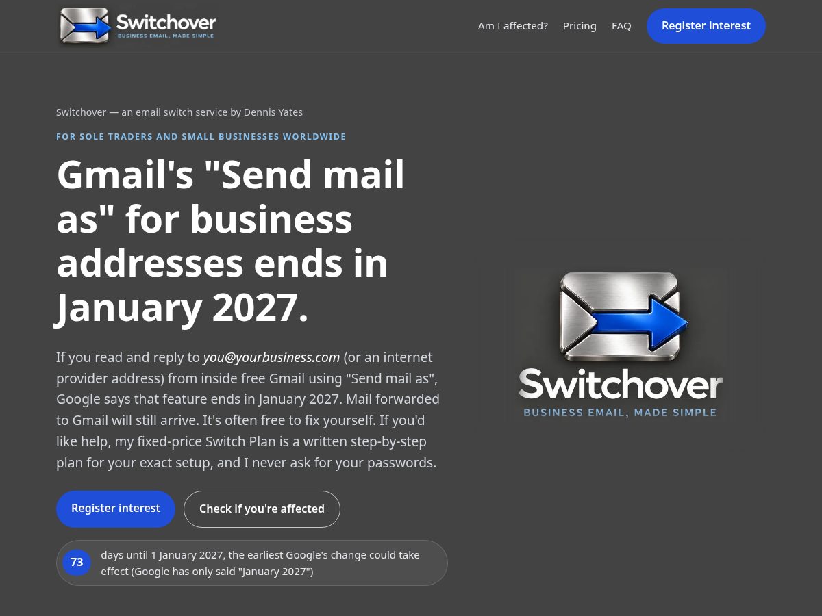 Landing-page snapshot of emailswitchover.com