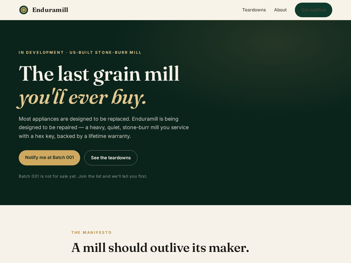 Landing-page snapshot of enduramill.com