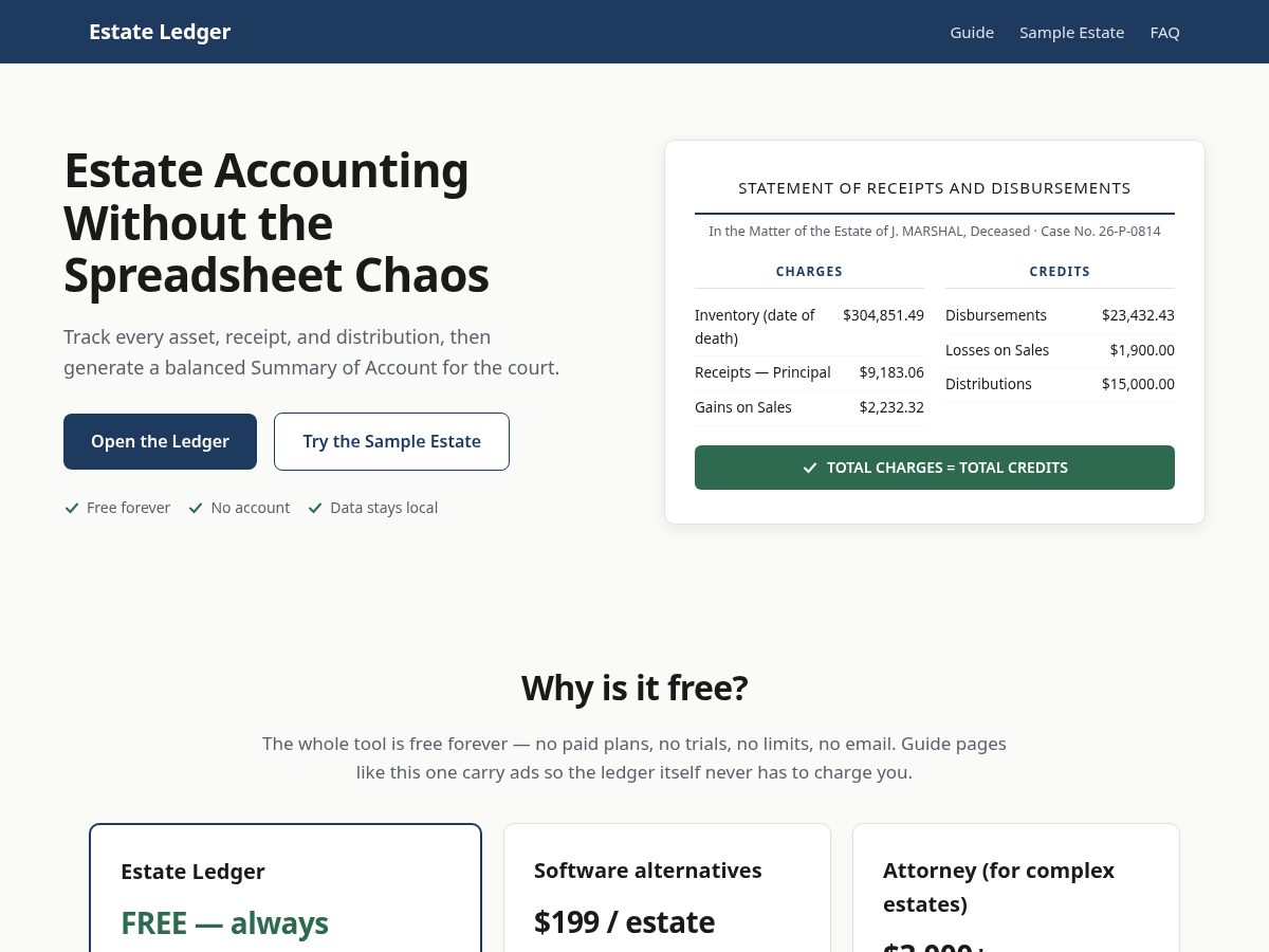 Landing-page snapshot of estateledger.app