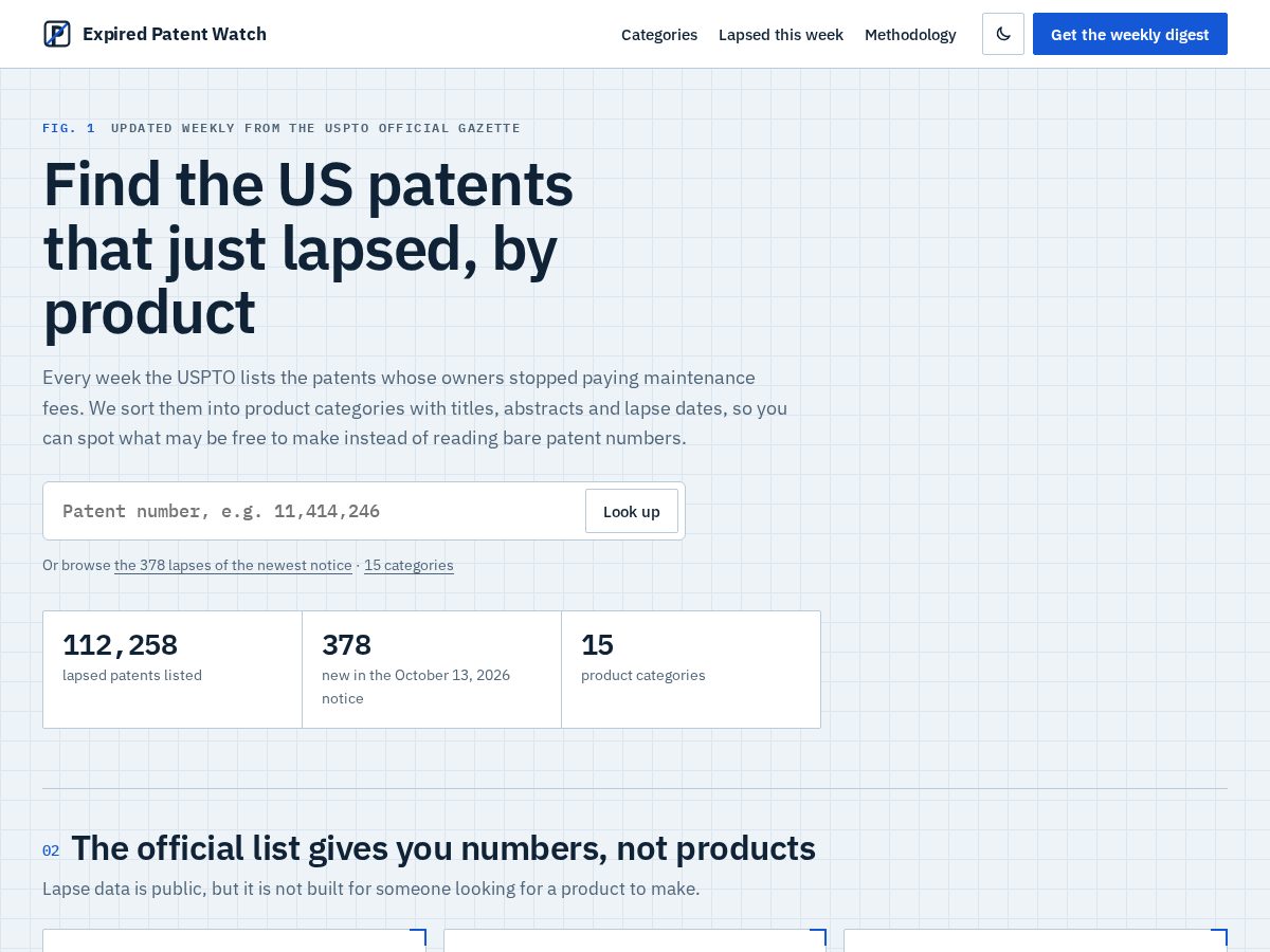 Landing-page snapshot of expiredpatentwatch.com