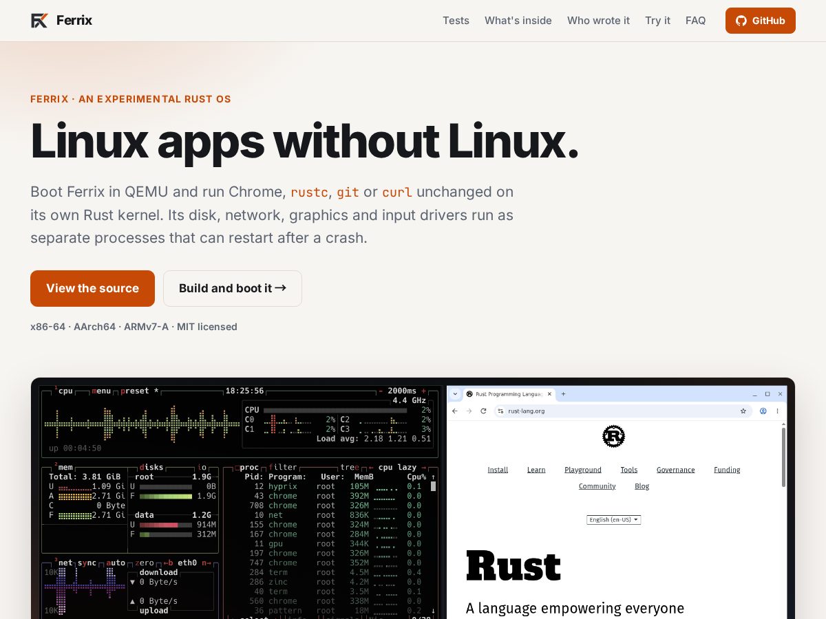 Landing-page snapshot of ferrix-os.org