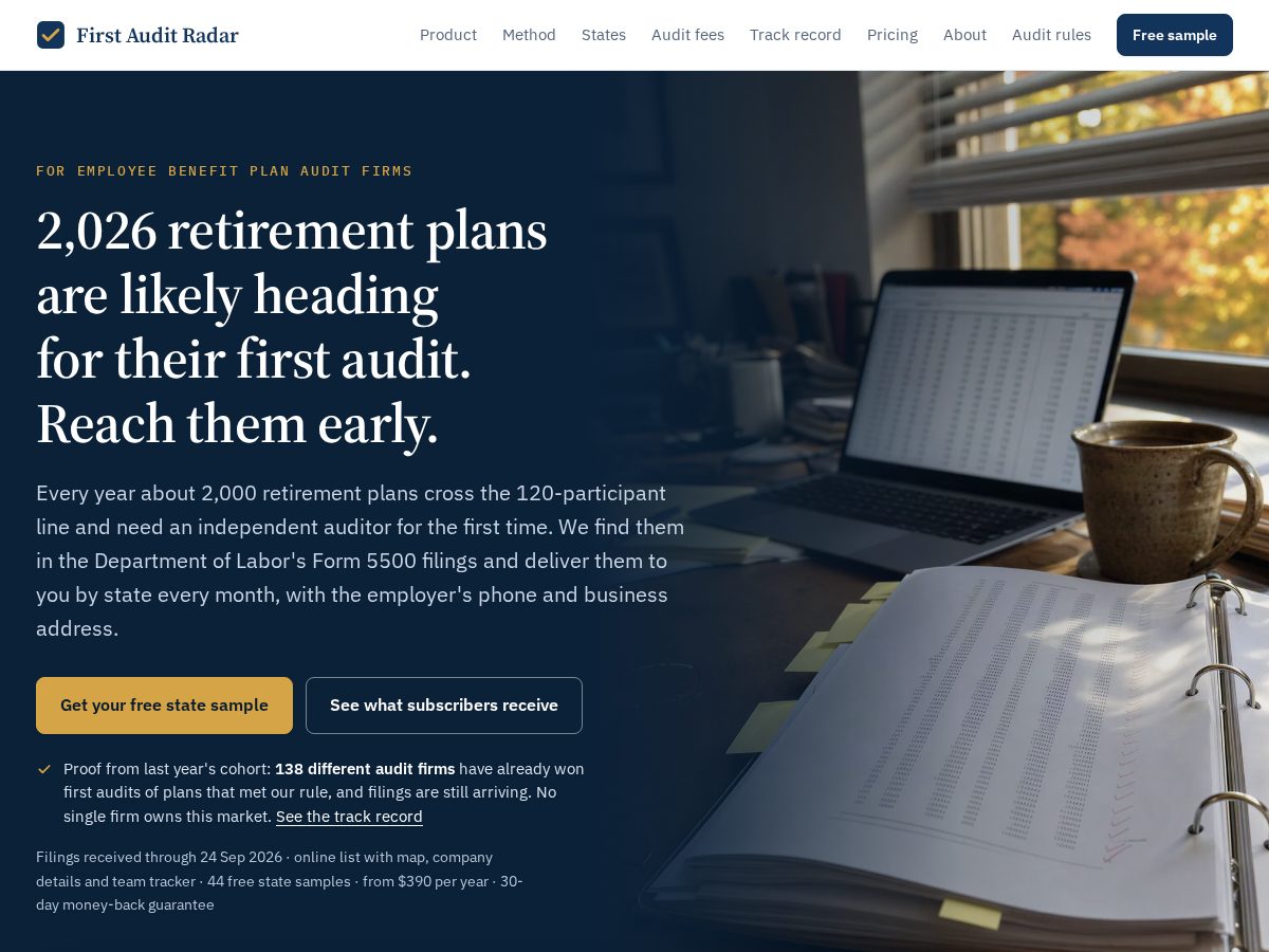 Landing-page snapshot of firstauditradar.com