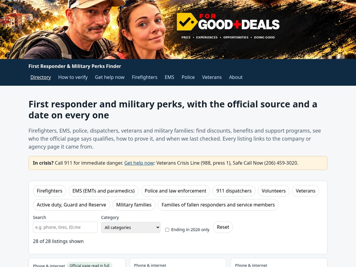 Landing-page snapshot of firstresponderperksfinder.com