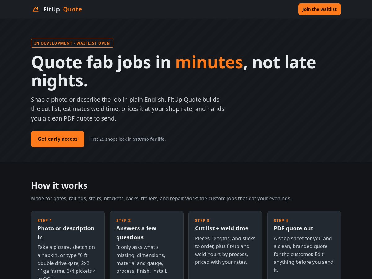 Landing-page snapshot of fitupquote.com