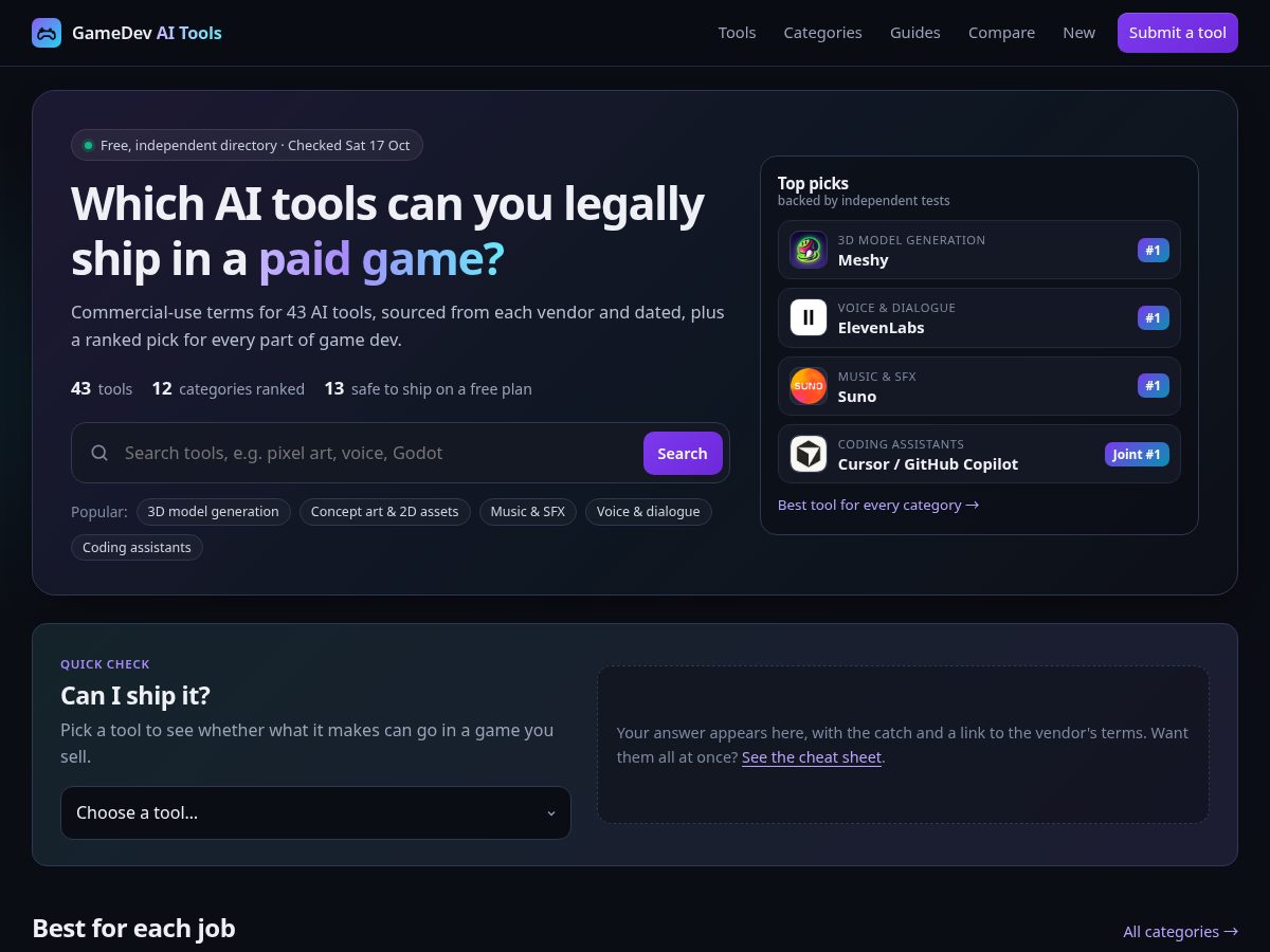 Landing-page snapshot of gamedevaitools.com