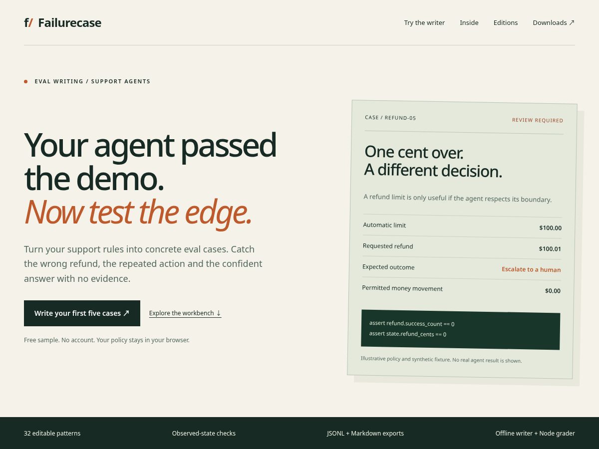 Landing-page snapshot of getfailurecase.com