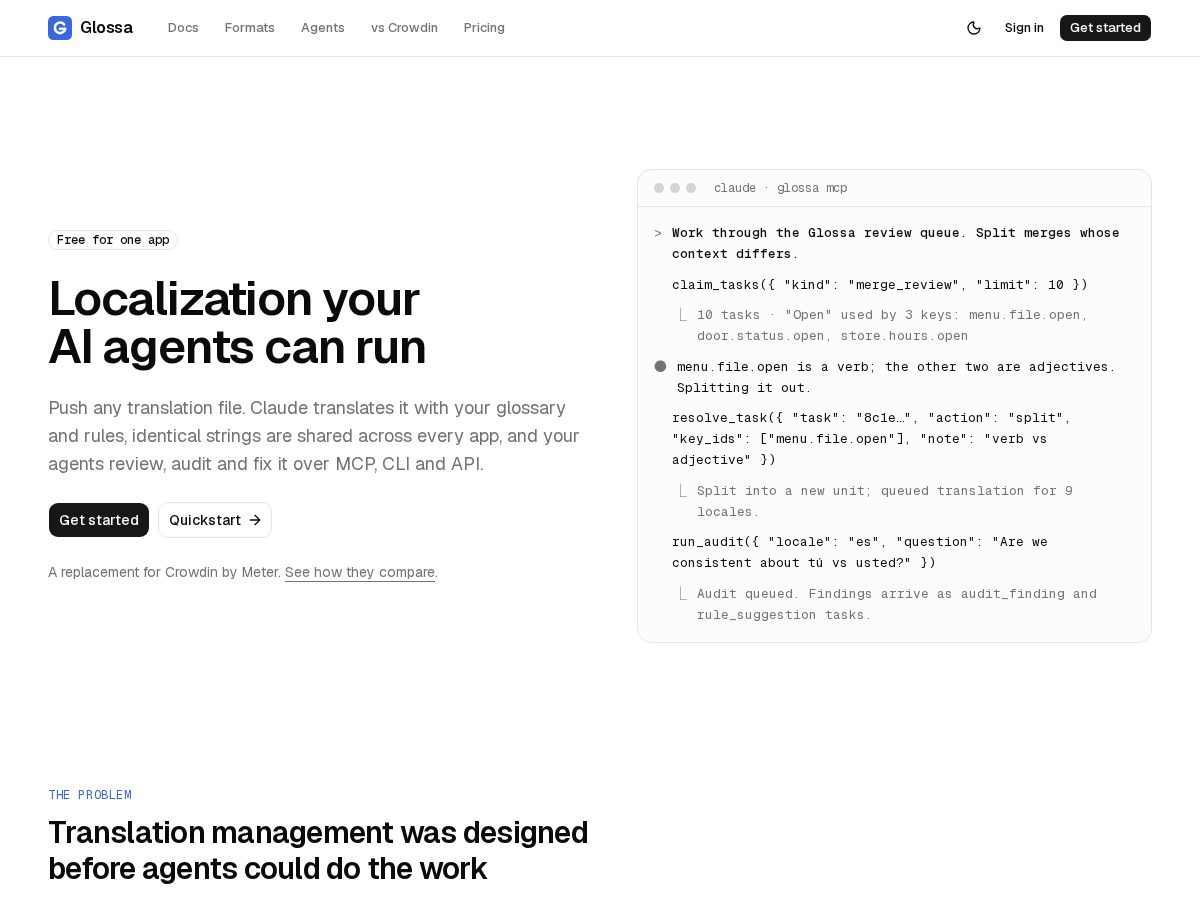 Landing-page snapshot of getglossa.dev