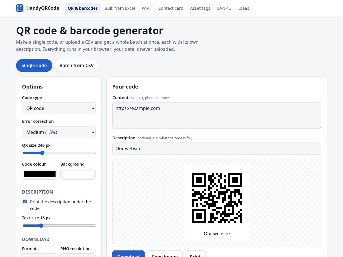 Landing-page snapshot of handyqrcode.com