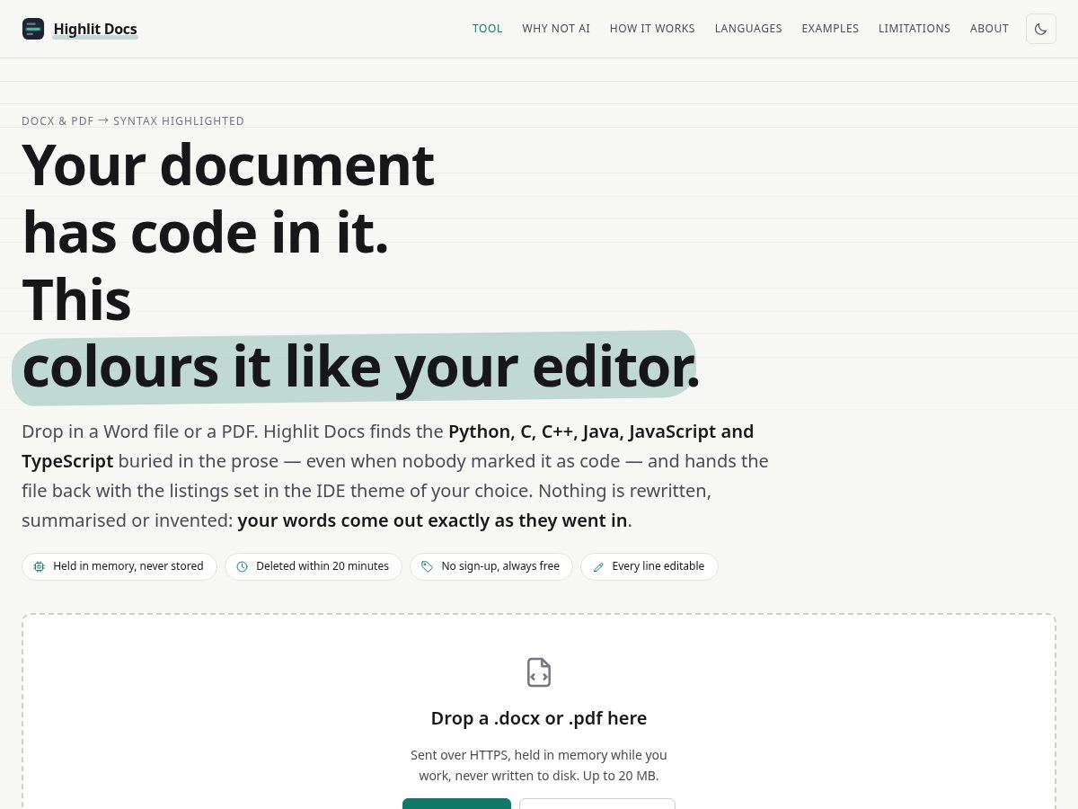 Landing-page snapshot of highlitdocs.com