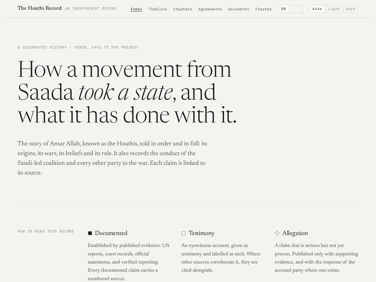 Landing-page snapshot of houthirecord.org