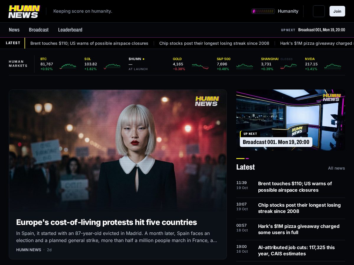 Landing-page snapshot of humn.news