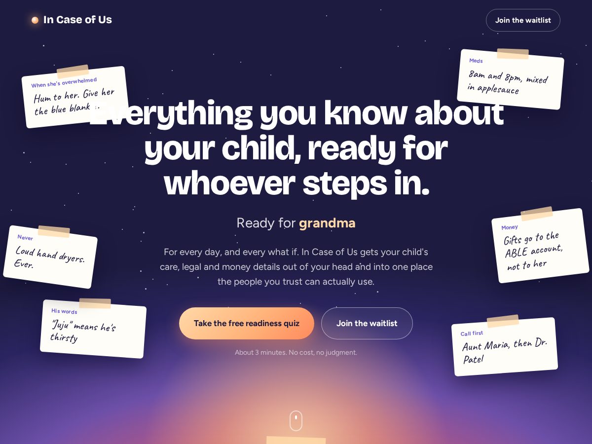 Landing-page snapshot of incaseofus.com