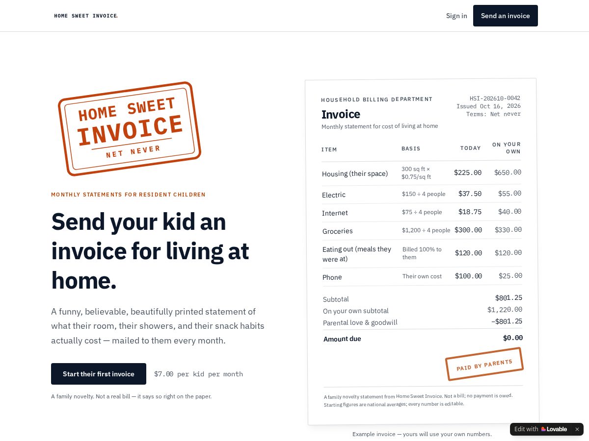 Landing-page snapshot of invoicemykid.com