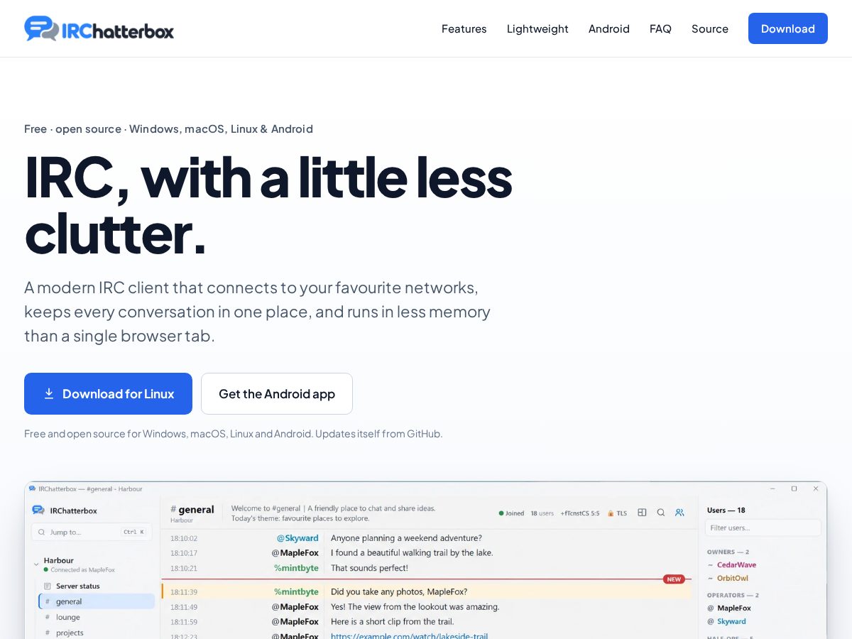 Landing-page snapshot of irchatterbox.com