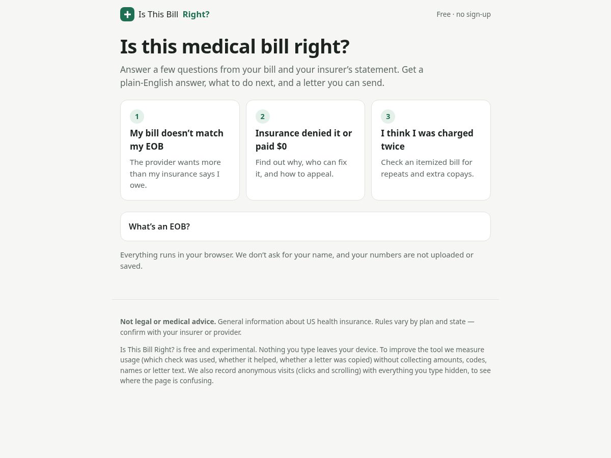 Landing-page snapshot of isthisbillright.com