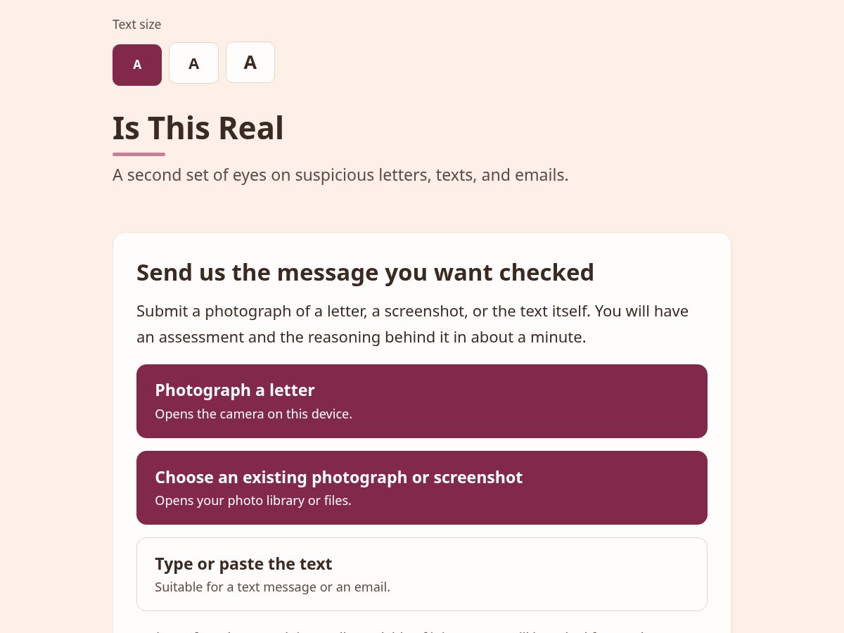 Landing-page snapshot of isthisrealcheck.org