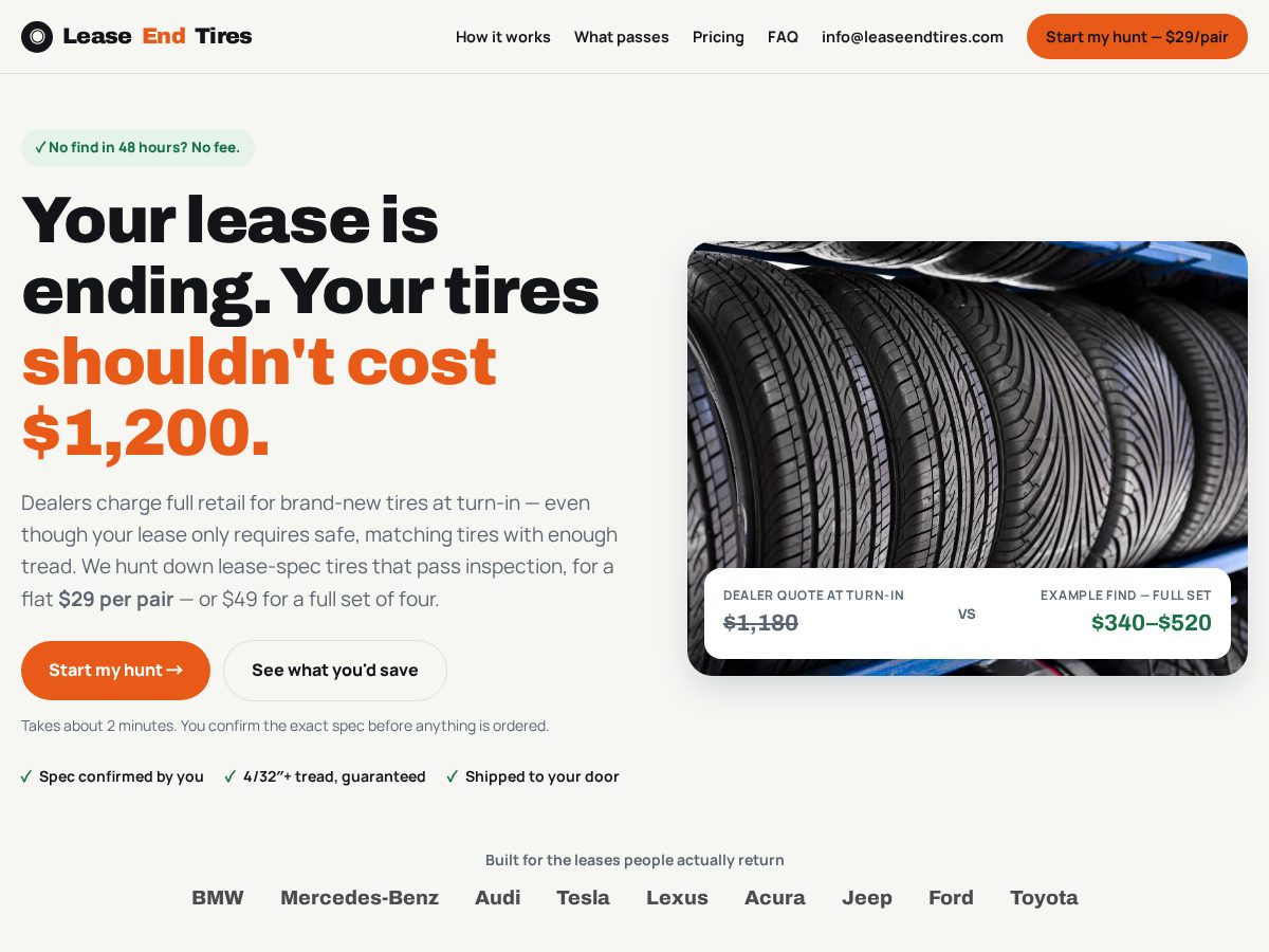 Landing-page snapshot of leaseendtires.com