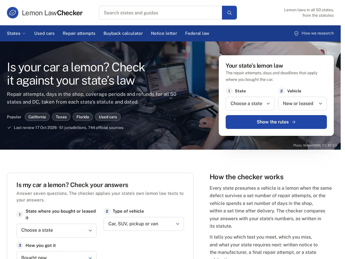 Landing-page snapshot of lemonlawchecker.com