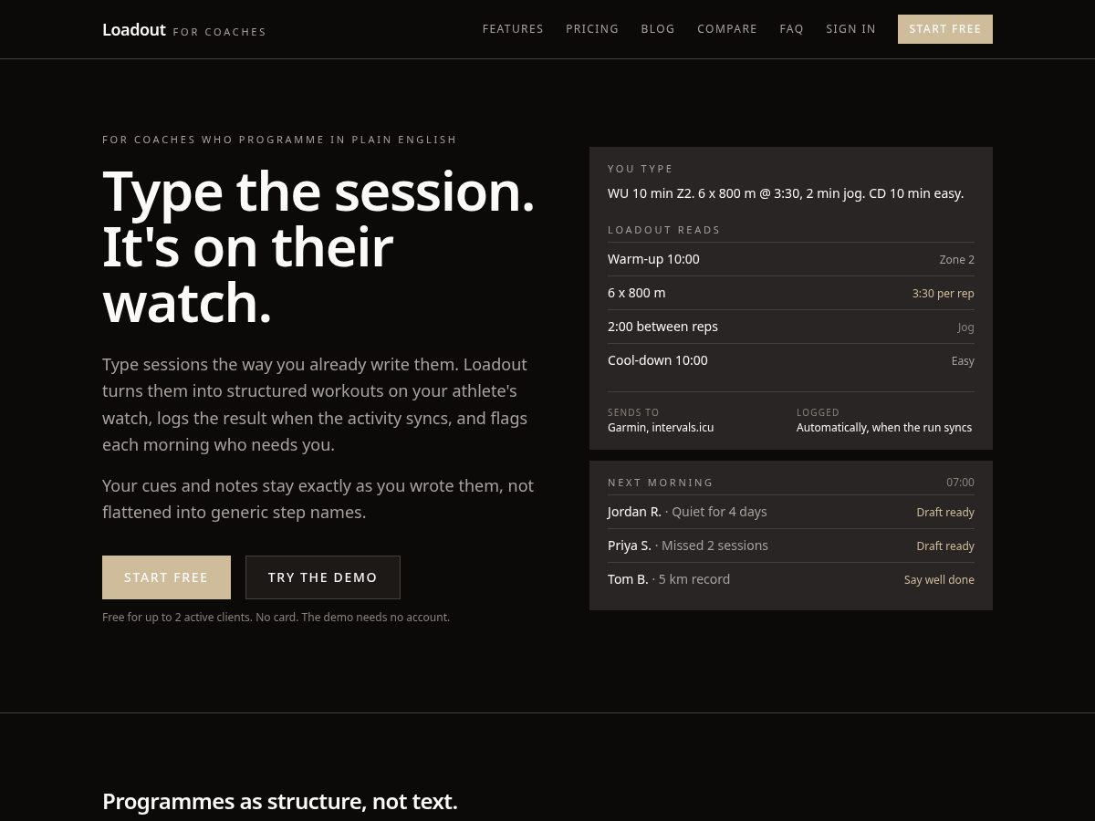 Landing-page snapshot of loadout.training