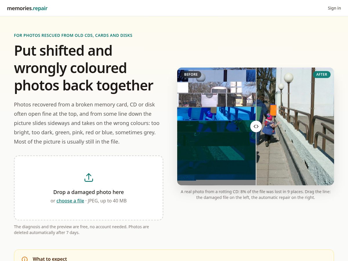 Landing-page snapshot of memories.repair