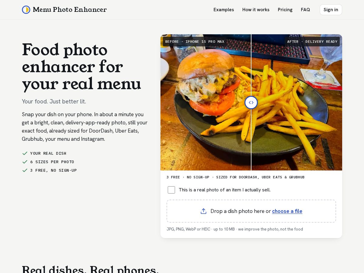 Landing-page snapshot of menuphotoenhancer.com