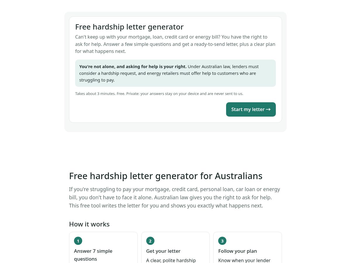 Landing-page snapshot of myhardshipletter.com