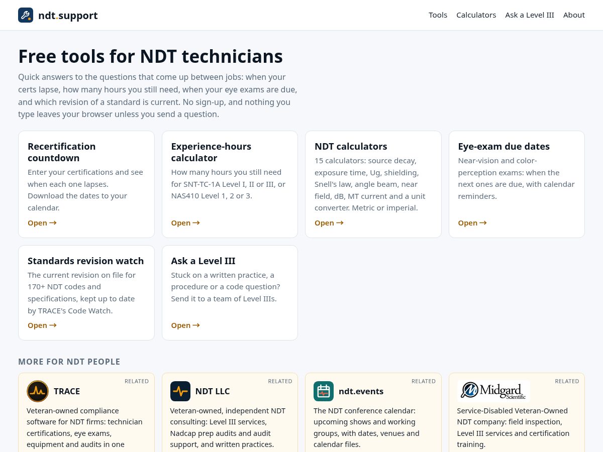 Landing-page snapshot of ndt.support