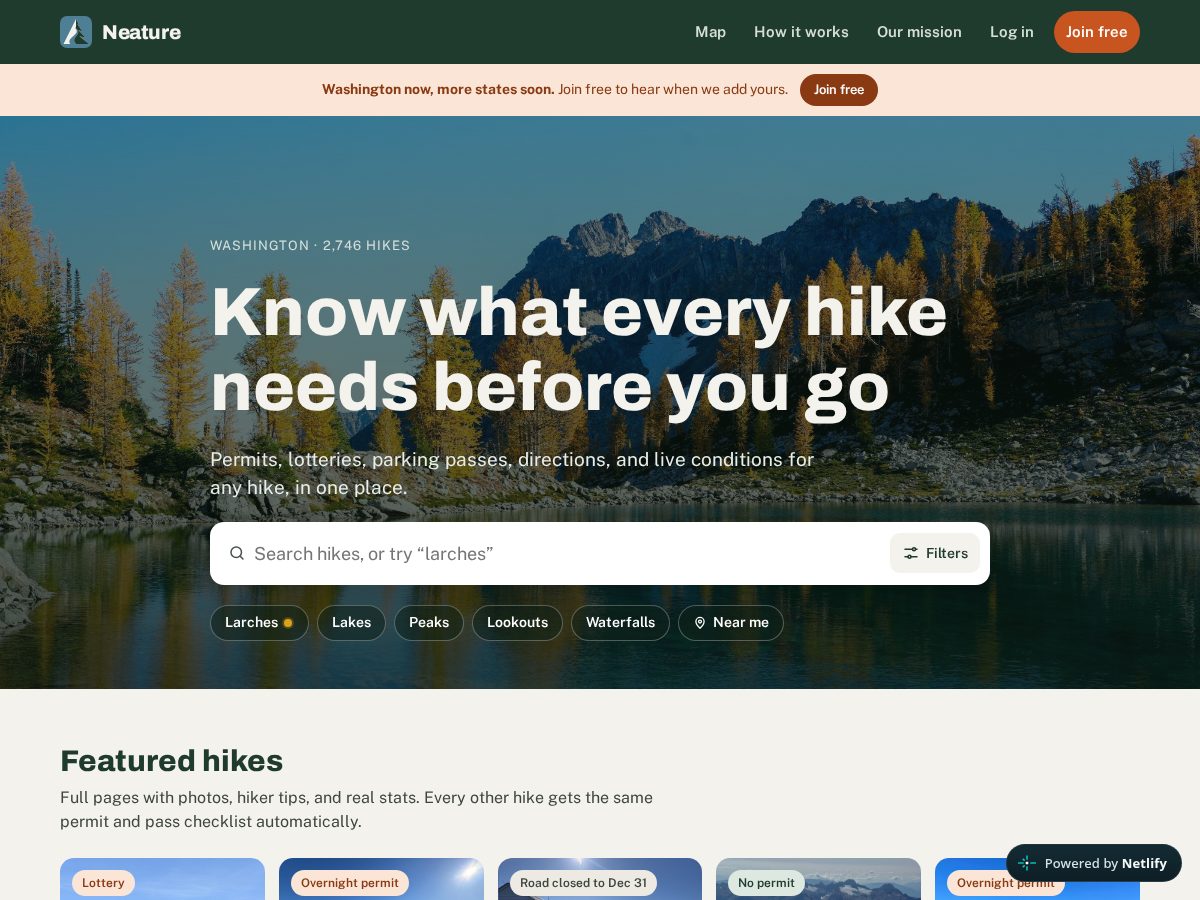 Landing-page snapshot of neaturehikes.com