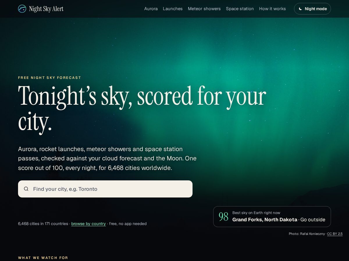 Landing-page snapshot of nightskyalert.com