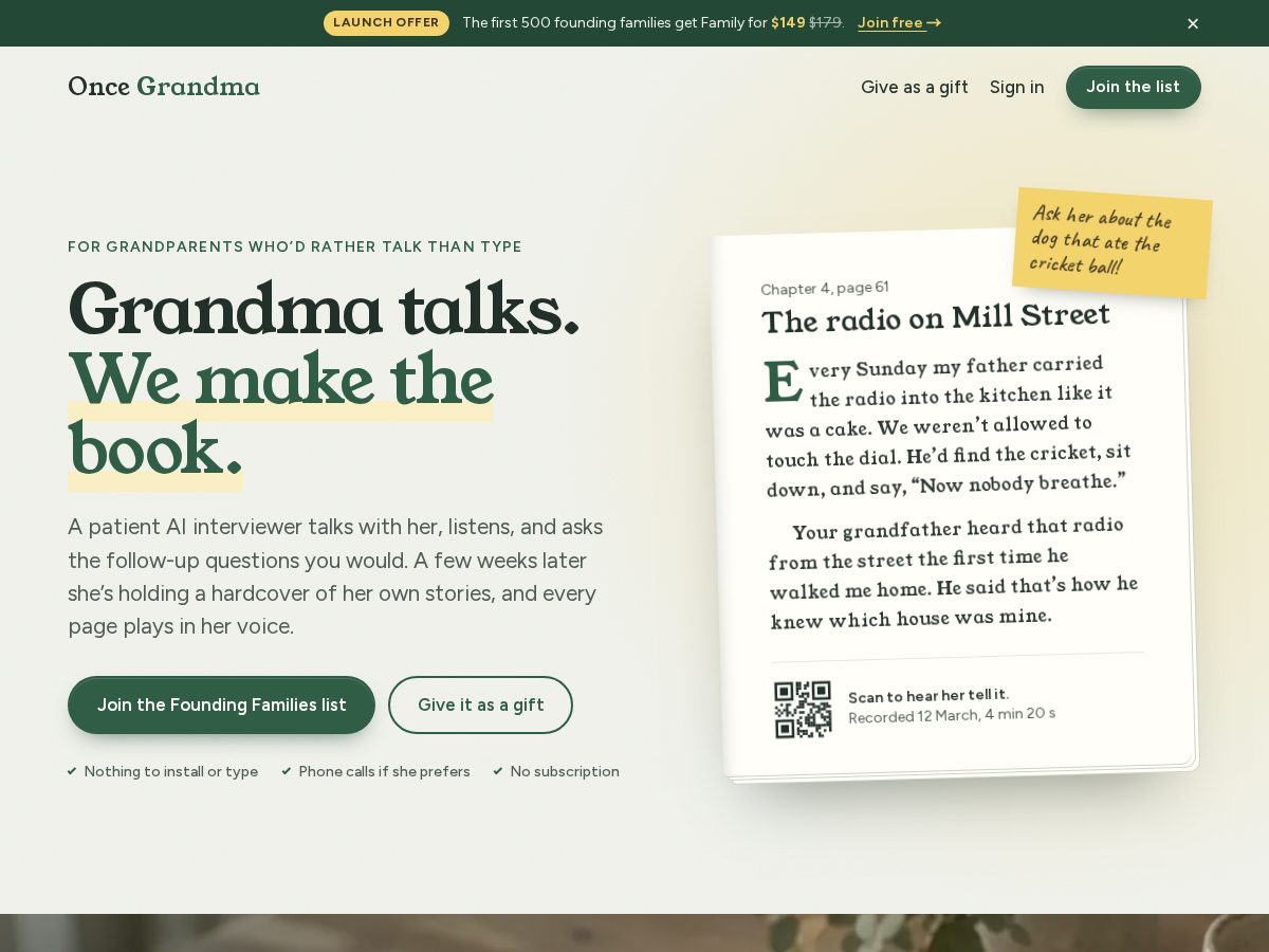 Landing-page snapshot of oncegrandma.com