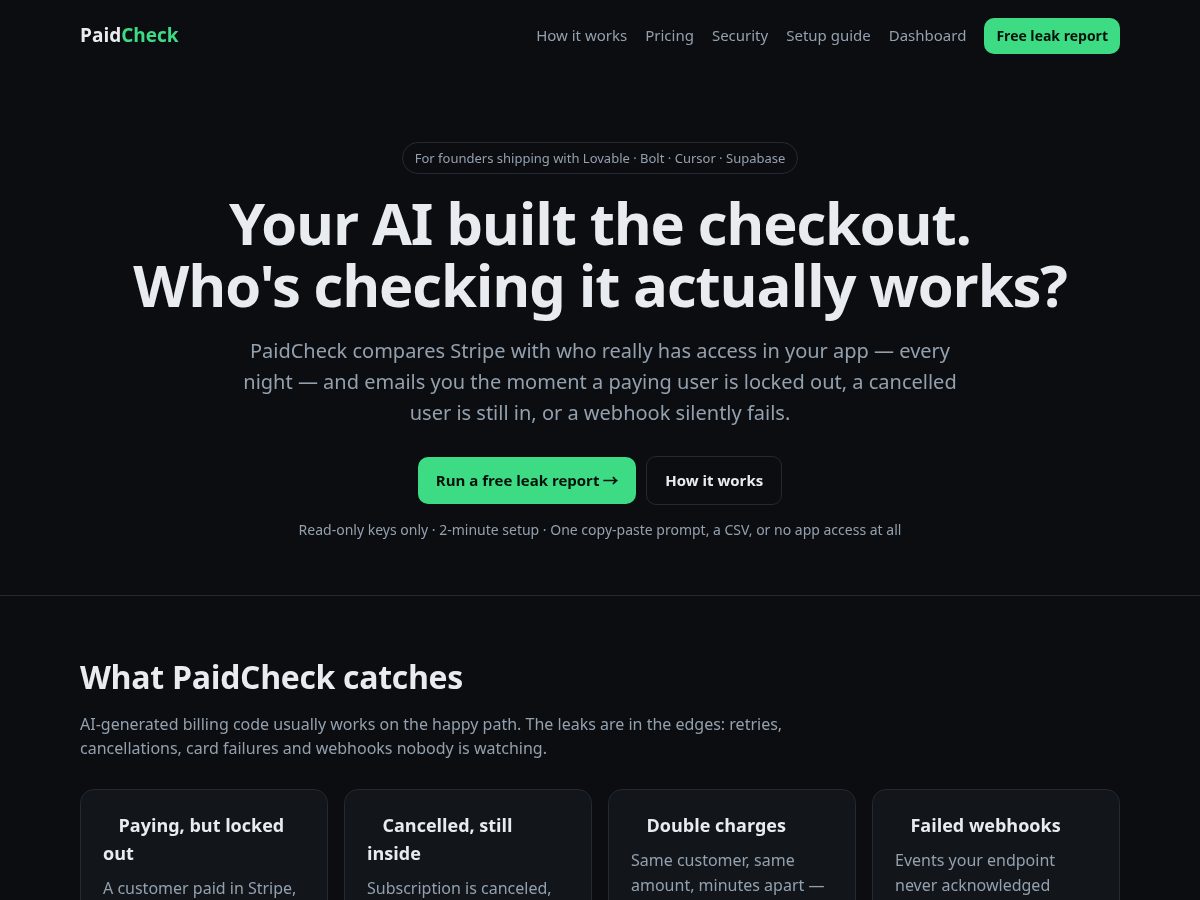 Landing-page snapshot of paidcheck.app