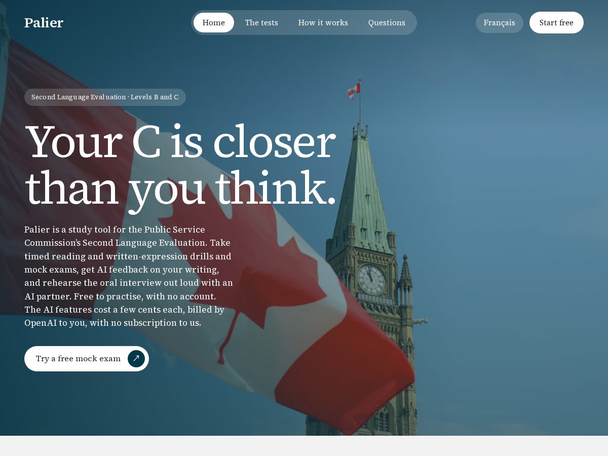 Landing-page snapshot of palier.study