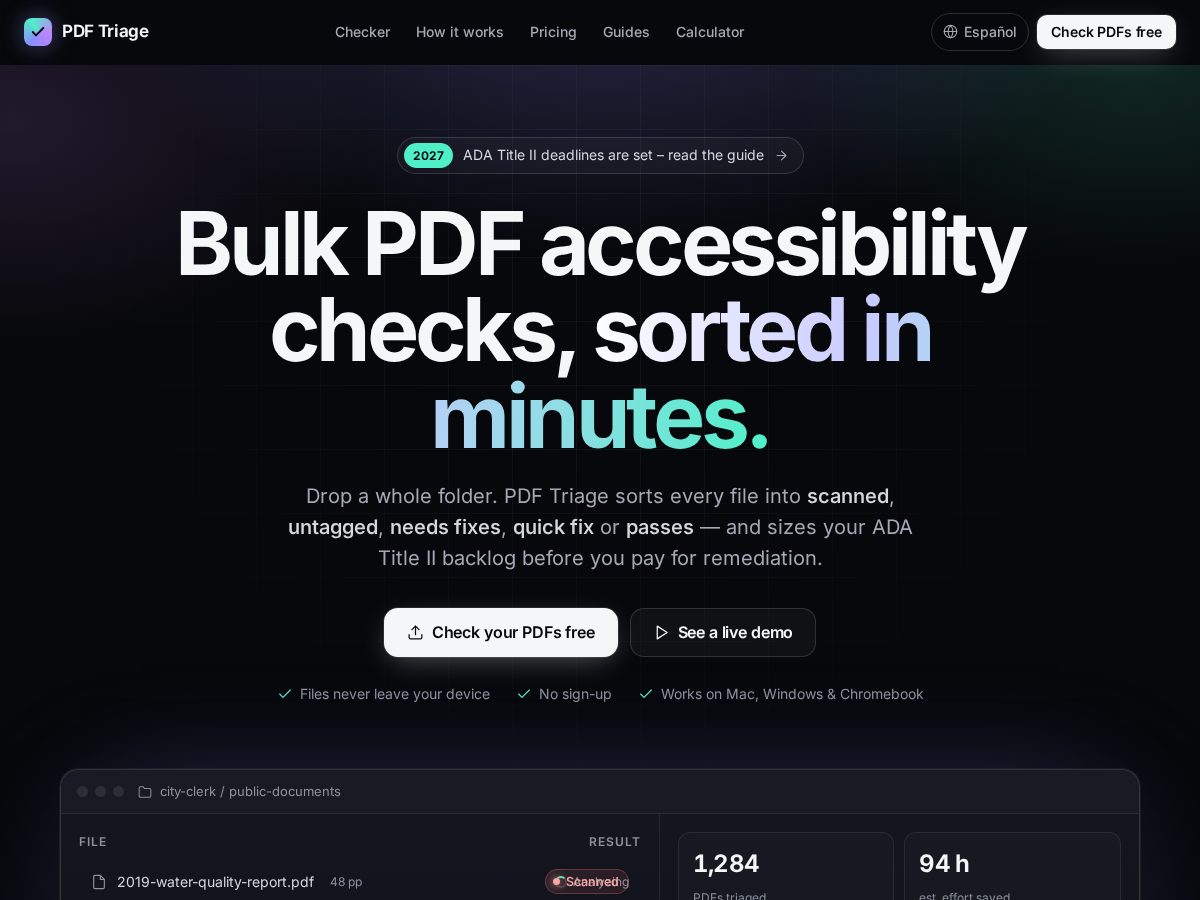 Landing-page snapshot of pdftriage.dev